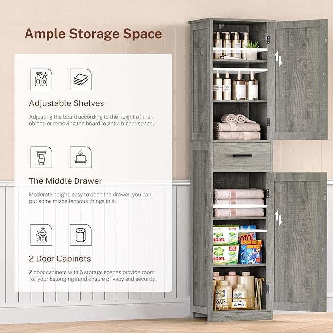 WEENFON Tall Bathroom Cabinet, Storage Cabinet with 6 Shelves & Drawer, Bathroom Storage Cabinet with Adjustable Shelves, Tall Cabinet for Living Room, Home Office, Grey