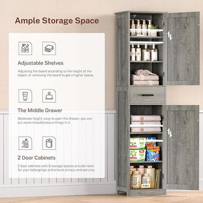 WEENFON Tall Bathroom Cabinet, Storage Cabinet with 6 Shelves & Drawer, Bathroom Storage Cabinet with Adjustable Shelves, Tall Cabinet for Living Room, Home Office, Grey