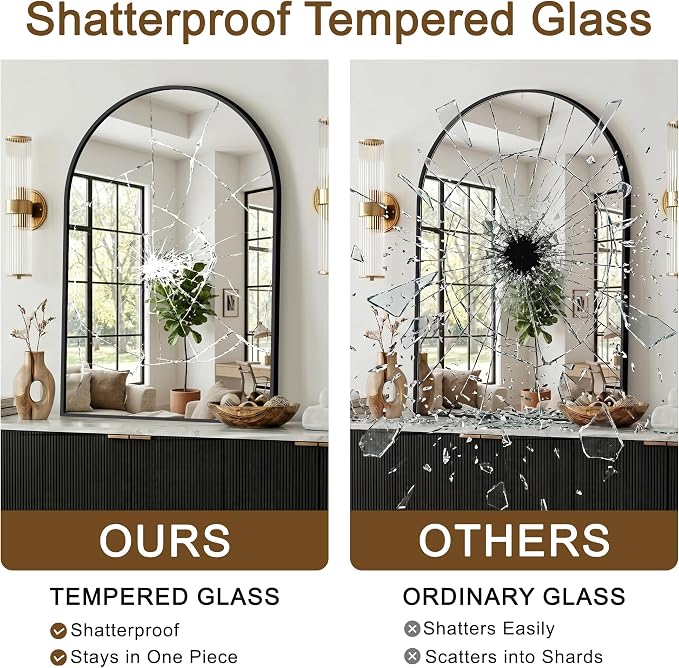 FGU Arched Bathroom Mirror for Over Sink 30"x20" Black Vanity Mirror | Wall Mounted, HD Tempered Shatter-Proof Glass, Rust-proof Arched Metal Frame, Arch Mirror for Bedroom, Living Room, Entryway
