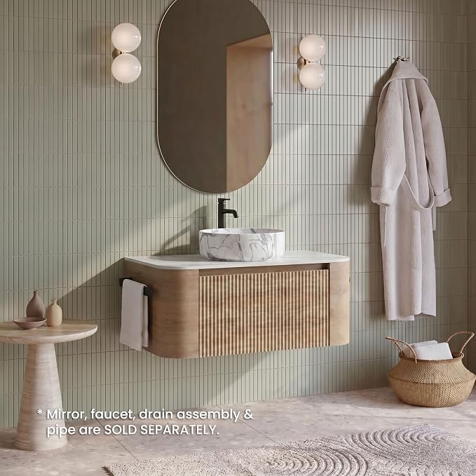 36" Preassembled Floating Bathroom Vanity with Carrara Finish Sink, Oak | Mid-Century Modern Style, Fluted & Soft-Close Drawer with U-shaped Wall, Sinterted Stone Countertop, Towel Rack Included