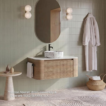 36" Preassembled Floating Bathroom Vanity with Carrara Finish Sink, Oak | Mid-Century Modern Style, Fluted & Soft-Close Drawer with U-shaped Wall, Sinterted Stone Countertop, Towel Rack Included