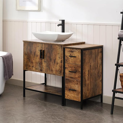 UEV 42" Rustic Brown Bathroom Vanity with Sink Combo,Industrial Iron Frame Bathroom Cabinet Sets with 3 Drawers Side Cabinet,Modern Artistic Ceramic Vessel Sink(032WH)