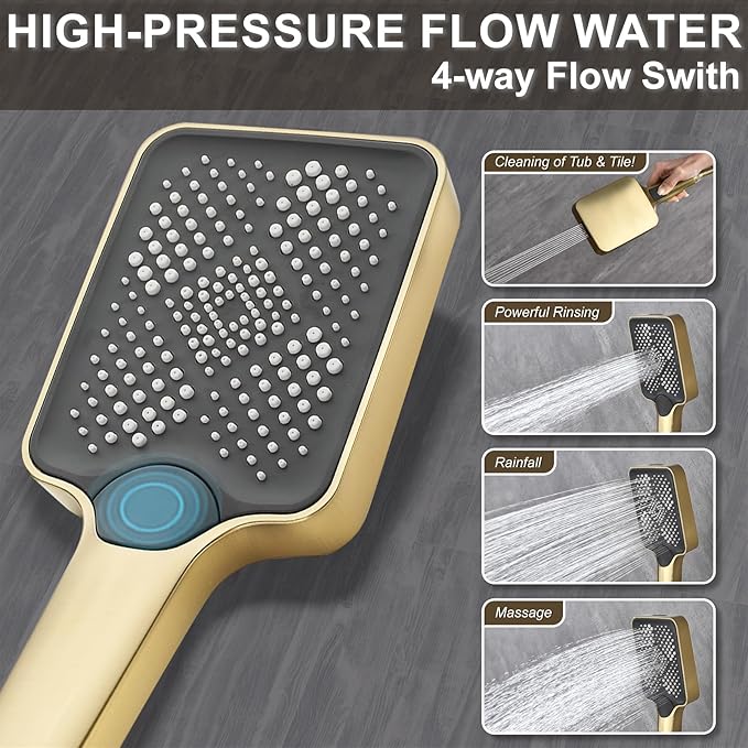 Shower System Modern Rain Brass Faucet Set With Valve and Diverter Shower Mixer With Handheld High Pressure Square Rainfall Shower Valve (12+6'' Wall Mount Thermostatic Valve, Brushed Gold)