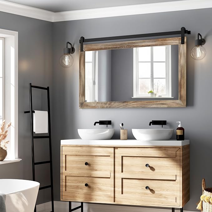 COGOOD Farmhouse Bathroom Mirrors for Over Sink - 26 x 41 Striped Brown | Rustic Barn Door Wood Framed Vanity Mirror for Entryway, Living Room, Bedroom, Dresser Wall Decor