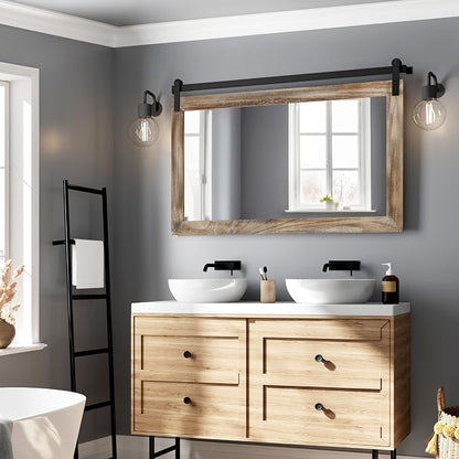 COGOOD Farmhouse Bathroom Mirrors for Over Sink - 26 x 41 Striped Brown | Rustic Barn Door Wood Framed Vanity Mirror for Entryway, Living Room, Bedroom, Dresser Wall Decor