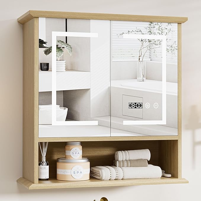 Bathroom Medicine Cabinet with Mirror, Lighted Storage Cabinet Wall Mounted with Doors & Adjustable Wood Shelf, Modern Bathroom Mirror with LED Lights Defogger for Makeup Laundry/Living Room, Oak