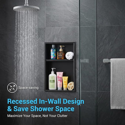 304 Stainless Steel Shower Niche 12” x 18” for Bathroom Storage | Matte Black Recessed Shower Niche No Tile Needed with 2-Tier Shelves for Bathroom Space Saving