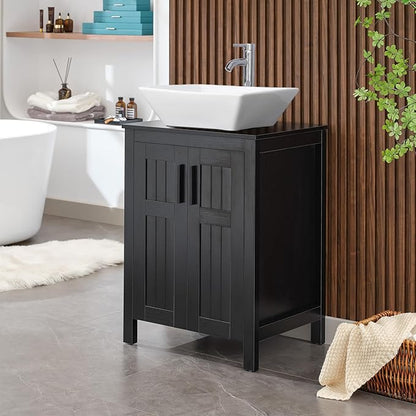 UEV Black 24" Bathroom Vanity with Sink Combo,Modern Vanity with Vessel Sink,Stylish Bathroom Vanity Cabinet,Grooved Doors & Metal Handles,Modern White Square Bowl Ceramic Vessel Sink(A07)