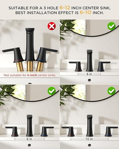 FORIOUS Black Bathroom Faucet 3 Hole, Two Handle 8 Inch Widespread Bathroom Sink Faucet Matte Black with Metal Pop-up Drain, cUPC Supply Lines and Water Saving Aerator for Basin, Vanity, or Commercial