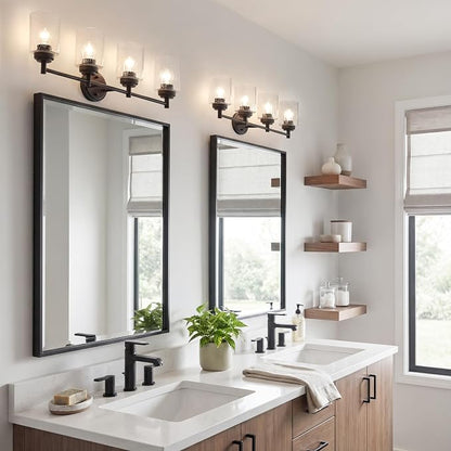 Kichler Winslow 4-Light Farmhouse Vanity Light, Olde Bronze | Clear seeded glass vanity light for bathroom mirrors (30" x 9.25" x 12"), 45887OZ