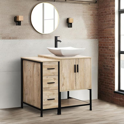 UEV 36" Rustic Oak Bathroom Vanity with Sink Combo,Industrial Iron Frame Bathroom Cabinet Sets with 3 Drawers Side Cabinet,Modern Artistic Ceramic Vessel Sink(032WH)