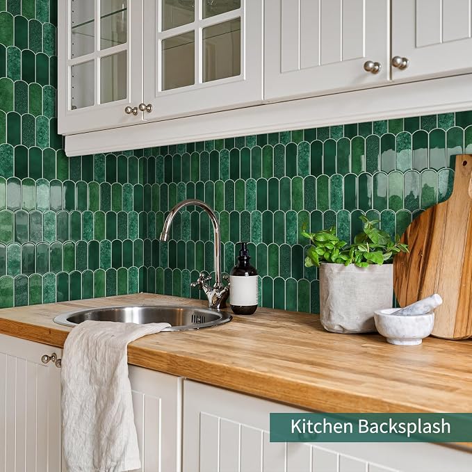 10-Sheet Upgraded Thicker Peel and Stick Kitchen Backsplash Tiles | Waterproof Self-Adhesive Vinyl Wall Tile Stick on Backsplash for Kitchen,Bathroom,Fireplace and RV(Forest Green,12"×12")