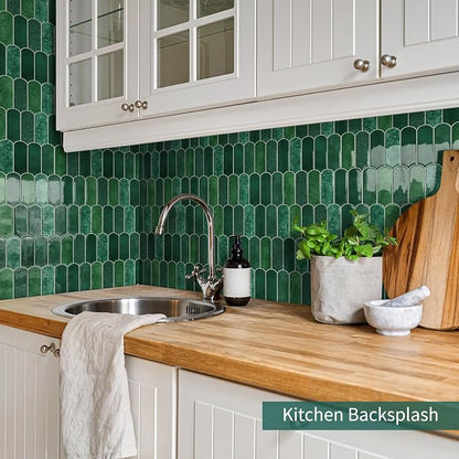 10-Sheet Upgraded Thicker Peel and Stick Kitchen Backsplash Tiles | Waterproof Self-Adhesive Vinyl Wall Tile Stick on Backsplash for Kitchen,Bathroom,Fireplace and RV(Forest Green,12"×12")