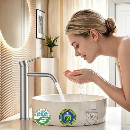 FORIOUS Vessel Tall Bathroom Faucet 1 Hole Brushed Nickel Single Handle | for 1 Hole Vessel Sink Only, Single Handle Faucet with Pop up Drain, for Basin Bowl Vanity Lavatory Residential/Commercial