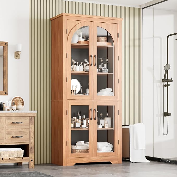 Garvee 70" Tall Kitchen Pantry Cabinet - Modern Display Cabinet with 4 Arched Glass Doors and Adjustable Shelves, Versatile Cupboard Organizers for Kitchen, Dining Room, Living Room, Bathroom, Walnut