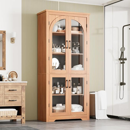 Garvee 70" Tall Kitchen Pantry Cabinet - Modern Display Cabinet with 4 Arched Glass Doors and Adjustable Shelves, Versatile Cupboard Organizers for Kitchen, Dining Room, Living Room, Bathroom, Walnut