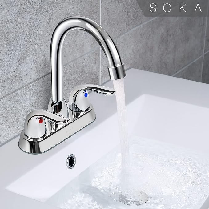 SOKA Two Handles Centerset Bathroom Faucet for Sink High Arc Stainless Steel with Deck Plate & Pop-Up Drain Assembly Fit 3 Hole Installation, Chrome (SK18001C)