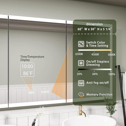 LED Medicine Cabinet Mirror, 60x30 Inch Bathroom Storage, Recessed/Wall Mount, Plug-in/Hardwired, 3 Color Dimmable Light, Anti-Fog, Time Temp Display