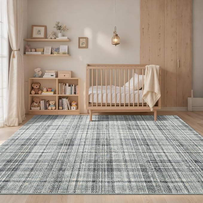 Washable Rugs 10 x 13 Rug for Living Room Soft Bedroom Rug Modern Plaid Large Area Rug Non Shedding Non Slip Throw Rugs Stain Resistant Carpet for Dining Room Nursery 10'x13' Greenish Grey