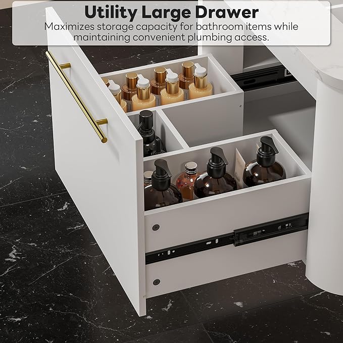 LIKIMIO 30" Bathroom Vanity with Sink, Floating Bathroom Vanity with 1 Drawer, Engineered Stone Countertop with Undermount Ceramic Sink, Wall Mounted Bathroom Vanity, Gold Handle, Easy Assembly, White