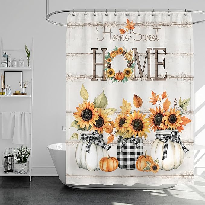 Tijuboni Fall Sunflower Pumpkin Shower Curtain, Farmhouse Home Sweet Home Bathroom Decor, Rustic Maple Leaf Waterproof Fabric Curtain for Harvest Thanksgiving Gifts 60x72 Inch