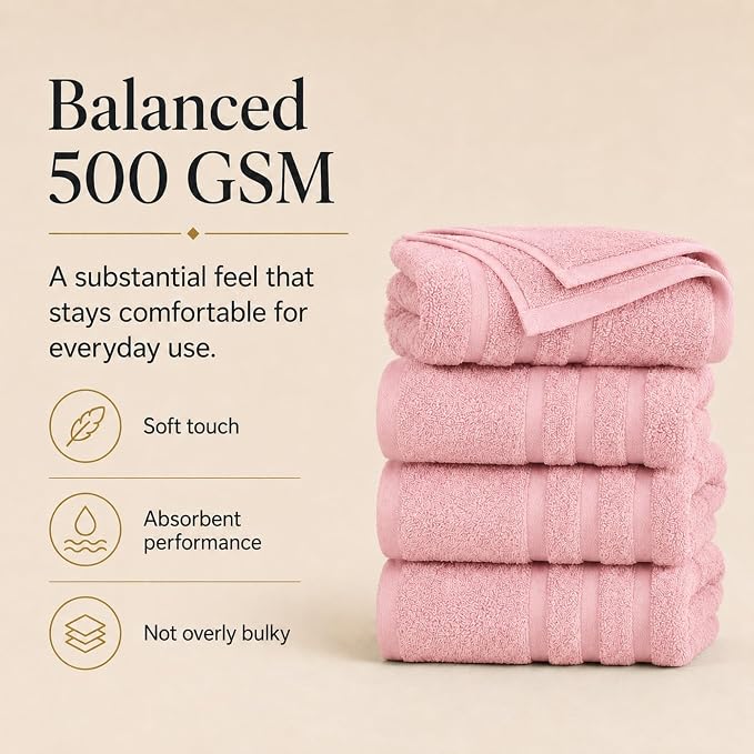 Velqora Bath Towels, 4 Pack, 30x60 in, 100% Cotton, Soft & Absorbent, Pink | Balanced Weight | Everyday Comfort | Easy Care