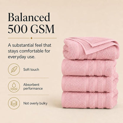 Velqora Bath Towels, 4 Pack, 30x60 in, 100% Cotton, Soft & Absorbent, Pink | Balanced Weight | Everyday Comfort | Easy Care