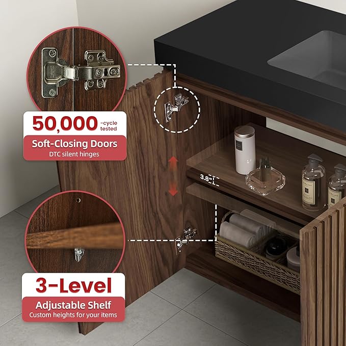 48" Bathroom Vanity with Sink, Freestanding Single Sink Bathroom Vanity with Black Engineered Stone Top & Open Side Storage, Soft-Closing Doors with Adjustable Shelf, Walnut
