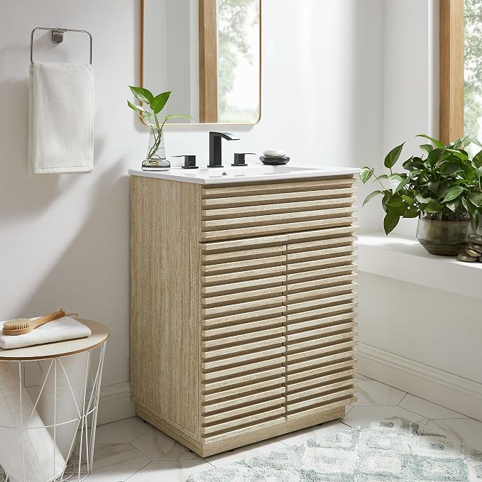 Modway Render Faux Travertine Slatted Bathroom Cabinet in Travertine