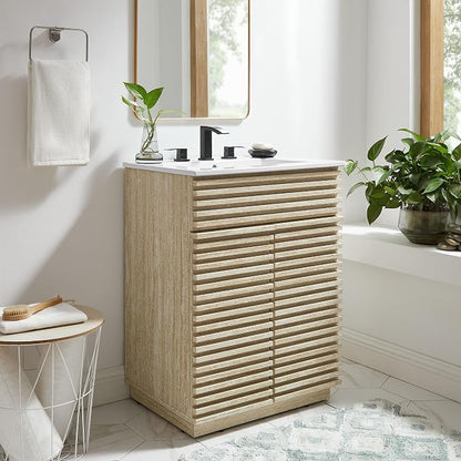 Modway Render Faux Travertine Slatted Bathroom Cabinet in Travertine