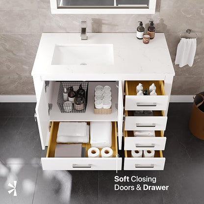 Eviva London 42 in. White Single Sink Bath Vanity with Carrara Quartz Top and Left Porcelain Sink