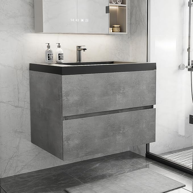 30 Inch Floating Bathroom Vanity with Sink, Modern Grey Wall Mounted Floating Vanity with Scratch-Resistant Quartz Sand Basin and Soft Closing Drawers, Pre Assembled Bathroom Vanity
