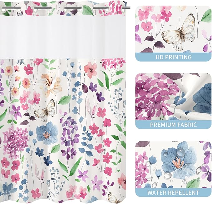 No Hook Colorful Watercolor Floral Shower Curtain and Liner Set, 72x86 | Spring Flower Shower Curtains with Snap-in Liner for Farmhouse Bathroom Decor, Botanical Bathroom Curtain with Leaves
