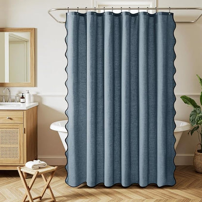 MIULEE Dusty Blue Scalloped Linen Shower Curtain 72W x 72L | 12 metal hooks, Linen scalloped, waterproof washable, thick heavy cloth, black border, boho farmhouse, bathroom hotel use