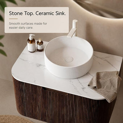 30 Inch Bathroom Vanity with Sink, Floating Wall Mounted Single Sink Vanity, Dark Walnut Curved Fluted Front, Stone Top, Pure White Round Vessel Basin, Pre-Assembled