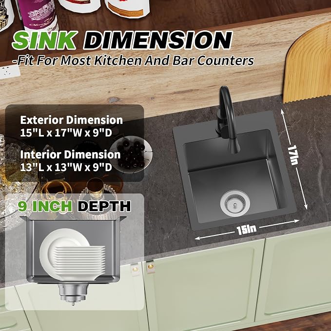 Black Kitchen And Bar Sink, 15x17 Inch Stainless Steel Drop In Kitchen Sink Modern Single Bowl Topmount Bar Sink Combo-Silicon Mat,Drain Strainer Set Compatibility With Various Kitchen & Bar Style
