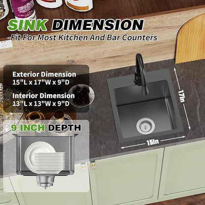 Black Kitchen And Bar Sink, 15x17 Inch Stainless Steel Drop In Kitchen Sink Modern Single Bowl Topmount Bar Sink Combo-Silicon Mat,Drain Strainer Set Compatibility With Various Kitchen & Bar Style