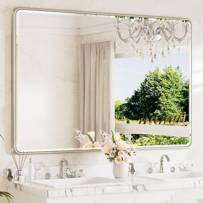 Brushed Nickel Vanity Mirror for Bathroom 60 x 40 Beveled Edge Tempered Glass, Rounded Corner Rectangle Wall Mirror for Modern Bathroom, Living Room, Bedroom, Entryway