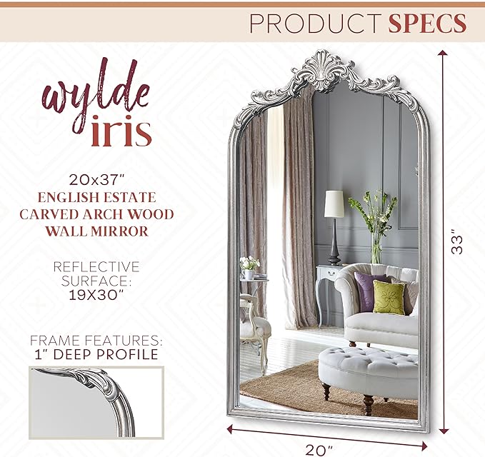 English Estate Carved Arch Wood Wall Mirror, Mirror for Entryway, Living Room, Bathroom, Antique Silver, 20.4x33