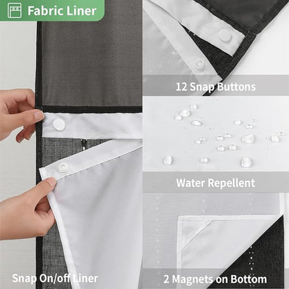 eachope Boho Farmhouse No Hook Shower Curtain with snap Liner,71x74,Black | Snap-in Liner,330GSM Thick Linen Textured Rustic Striped Design,Water-Repellent with Tassels and Sheer Window for Bathroom