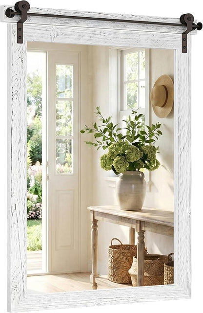 24"x36" Whitewashed Barn Door Vanity Mirror with Wood Header | 100% solid wood, HD tempered glass, bronze-tone iron rail; coastal farmhouse mirror for over sink, guest bath, entryway
