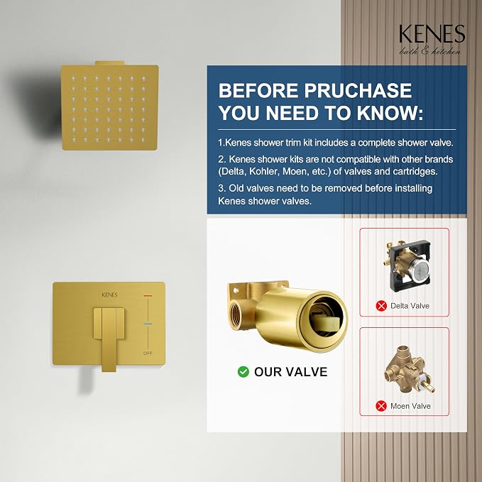 KENES Brushed Gold Shower Faucet, Modern Square 6-Inch Shower Head and Handle Set, Bathroom Rainfall Shower System Wall Mount, KE-6025B-4 (Including Shower Valve)