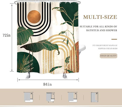 Glawry Extra Long Shower Curtain 72Wx84L Inches Boho Abstract Mid Century Green Tropical Palm Tree Bathroom Minimalist Modern Aesthetic Geometric Bath Accessories Art Home Decor Fabric 12 Pack Hooks