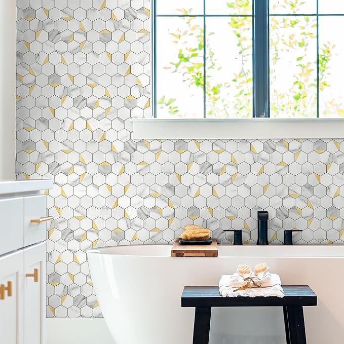 20-Sheet Heavy-Duty Hexagon Peel and Stick Backsplash, Thick Waterproof &Heat Resistant Stick on Wall Tiles, Marble White Mosaic for Kitchen & Bathroom, Strong Adhesive Permanent PVC Tiles