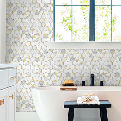 20-Sheet Heavy-Duty Hexagon Peel and Stick Backsplash, Thick Waterproof &Heat Resistant Stick on Wall Tiles, Marble White Mosaic for Kitchen & Bathroom, Strong Adhesive Permanent PVC Tiles