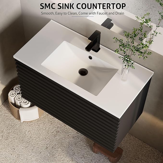eclife 36" Floating Bathroom Vanity with Sink Combo Mid-Century Wall Mounted Cabinet with Wood Stripes Decor, Drawers, Undermount Single Sink, Faucet, Drain, Black