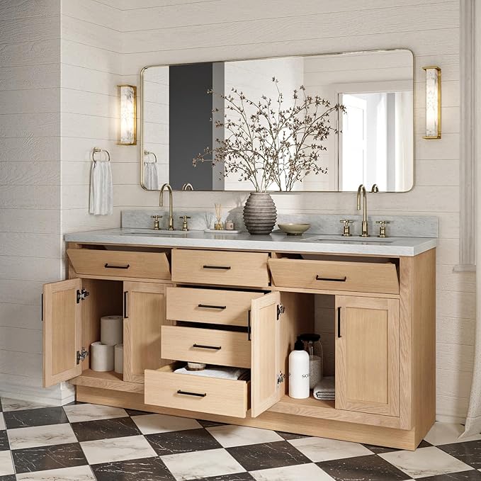 ARIEL Hepburn 72-inch Bathroom Vanity with Sink,Solid Wood, 1.5-inch Italian Carrara Marble Countertop, Double Rectangular Porcelain Sink, 4 Soft Closing Doors, 6 Dovetail Drawers, White Oak