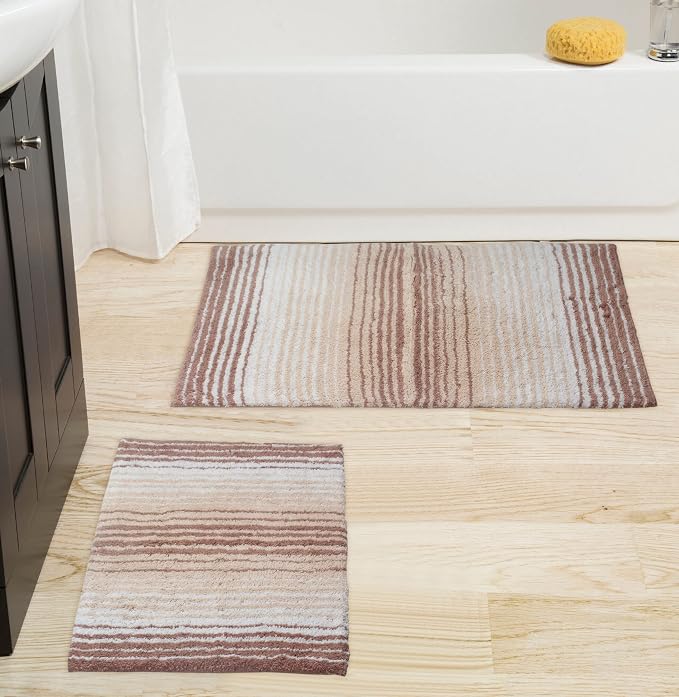 Home Weavers 100% Cotton Gradiation Collection Bathroom Décor | Washable Rug | Bathroom Mat | Kitchen Mat | Bathroom Rug Set | Bath Mat Set | Bath Floor Mat Non Slip, 2 Piece Set(S+M), Beige