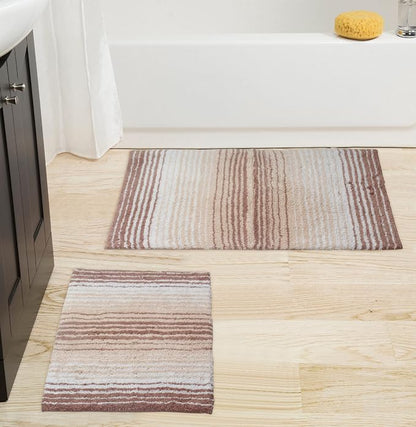 Home Weavers 100% Cotton Gradiation Collection Bathroom Décor | Washable Rug | Bathroom Mat | Kitchen Mat | Bathroom Rug Set | Bath Mat Set | Bath Floor Mat Non Slip, 2 Piece Set(S+M), Beige
