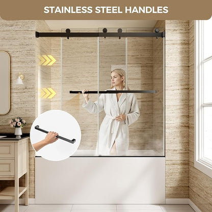 Frameless Stainless Steel Sliding Shower Door, 56-60" W x 60" H - 5/16" (8mm) Thick Tempered Glass Rust-Proof Glass Shower Door with Dual Tracks in Matte Black